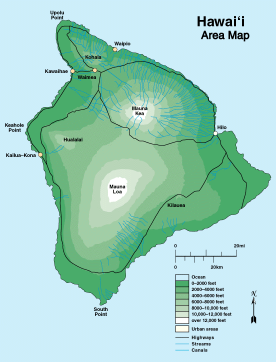 The "Big Island" of Hawai'i. These maps are topologically accurate.